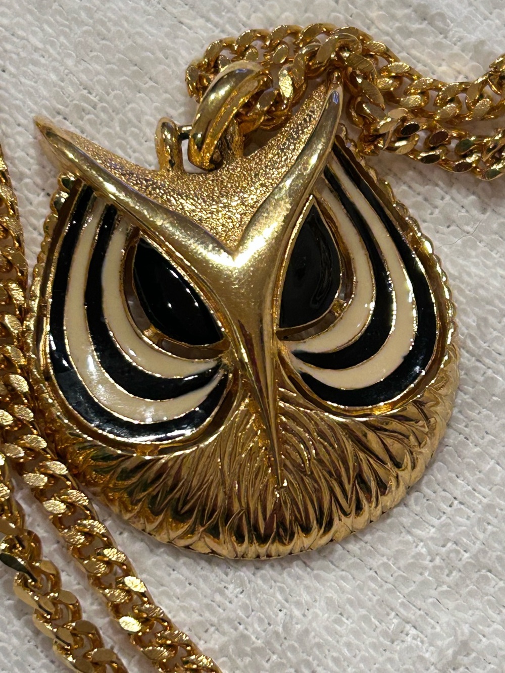 Vintage D’Orlan Articulated Owl Gold Tone Pendant  Necklace with Black and Ivory